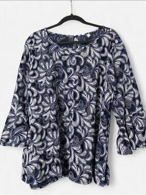 NY Collection Navy Blue & White Floral Scoop Neck Tunic